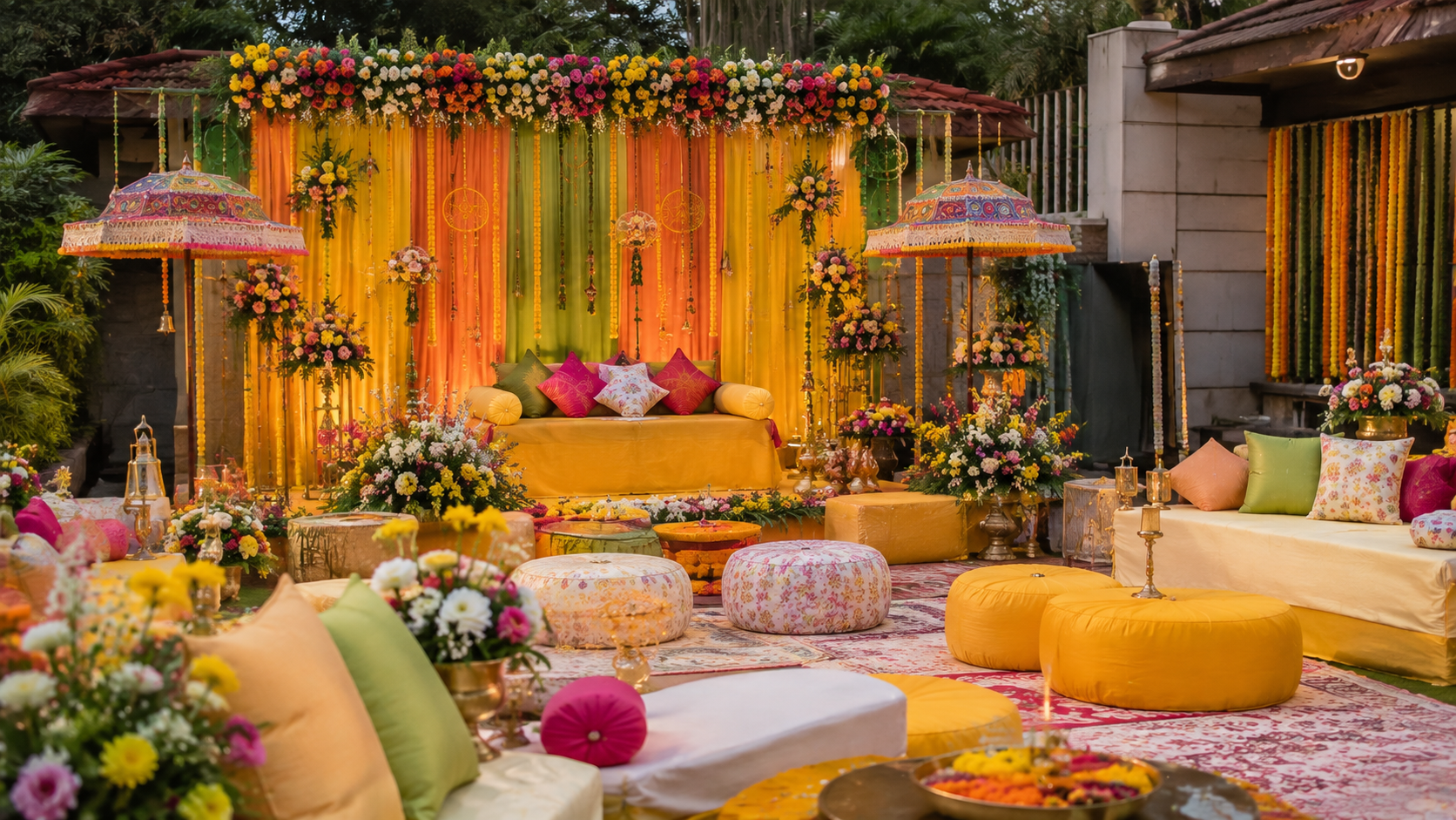 Haldi decoration in Nashik with marigold flowers