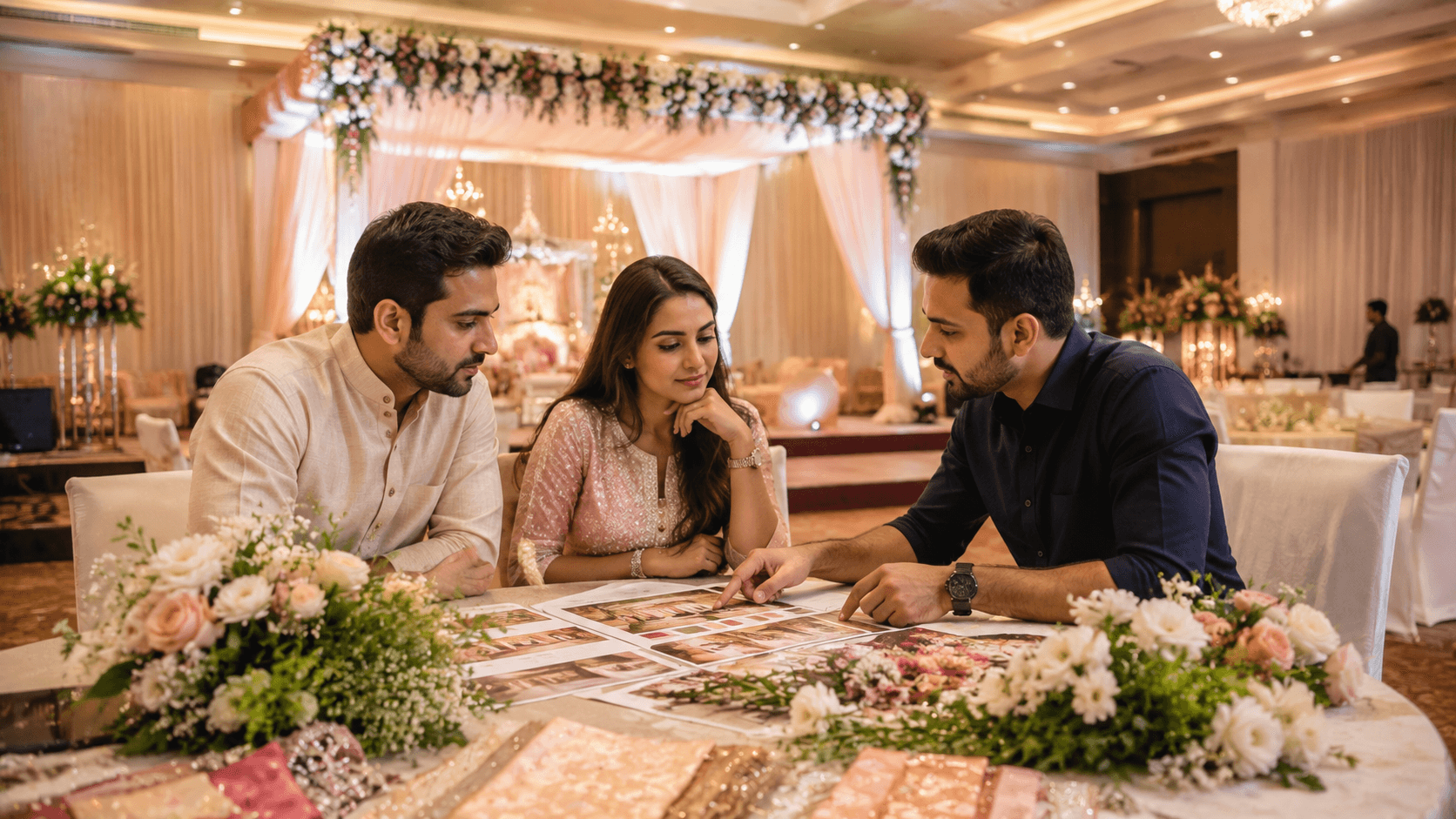 Couple discussing wedding decoration with a decorator in Nashik